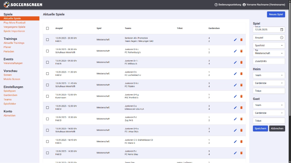 Soccerscreen Administration: Aktuelle Spiele