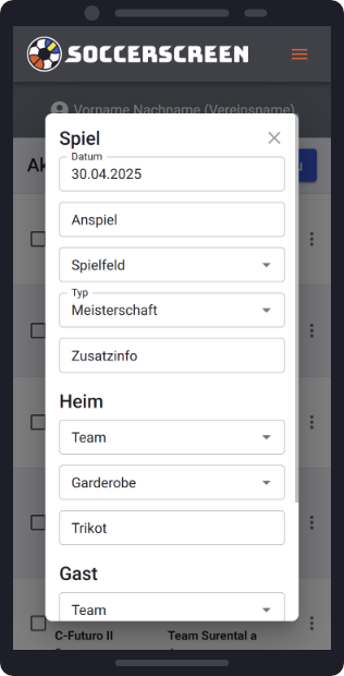Soccerscreen Administration: Aktuelle Spiele