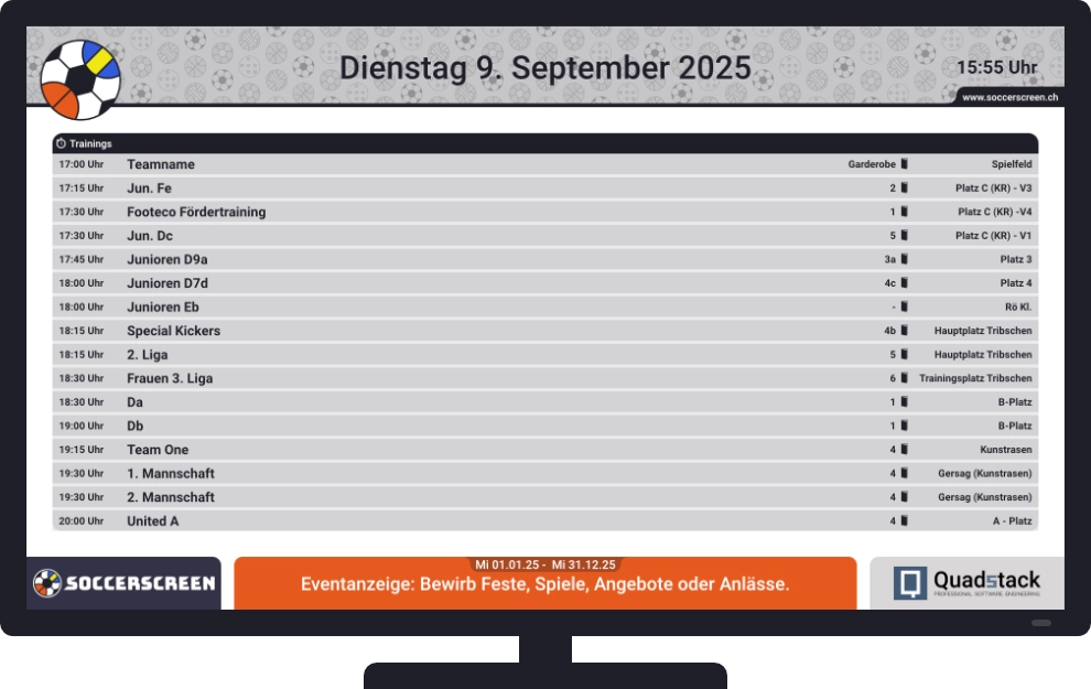 Soccerscreen: Trainings und Spiele (Wochentag)